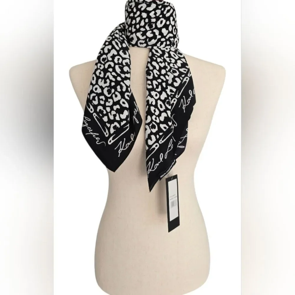 Karl Lagerfeld Black and White Leopard Print Silk Scarf